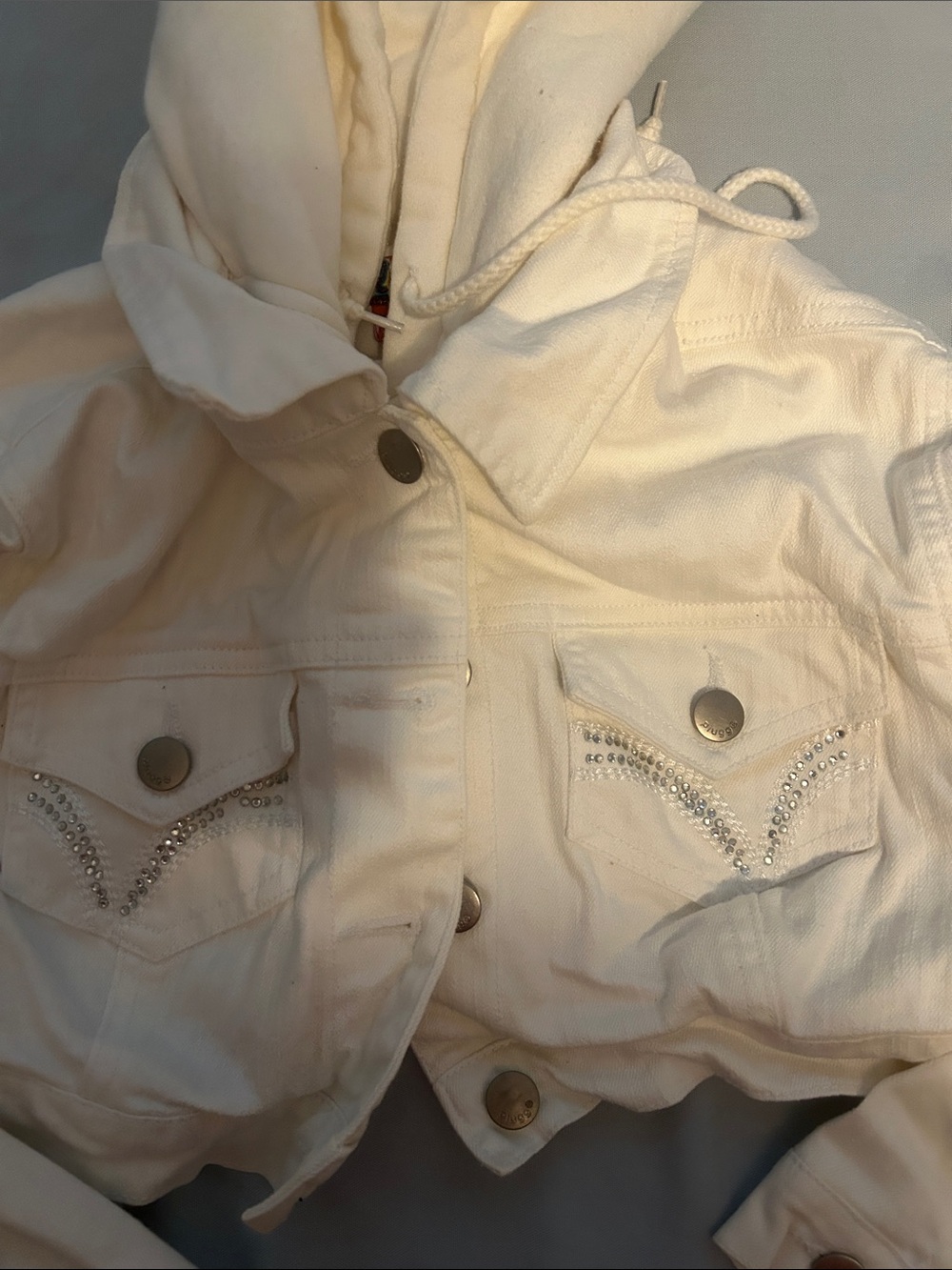 Plugg Cropped Hooded Denim Jacket with Rhinestone Pocket Trim - Cream - Picture 3 of 4